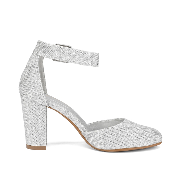 Round Toe Chunky Heel Pumps - SILVER GLITTER - 1